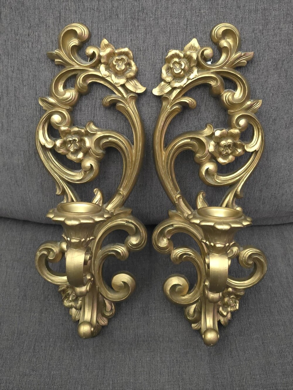 Vintage Homco Gold Floral Sconces 1971 Hollywood Regency Wall Decor #4118